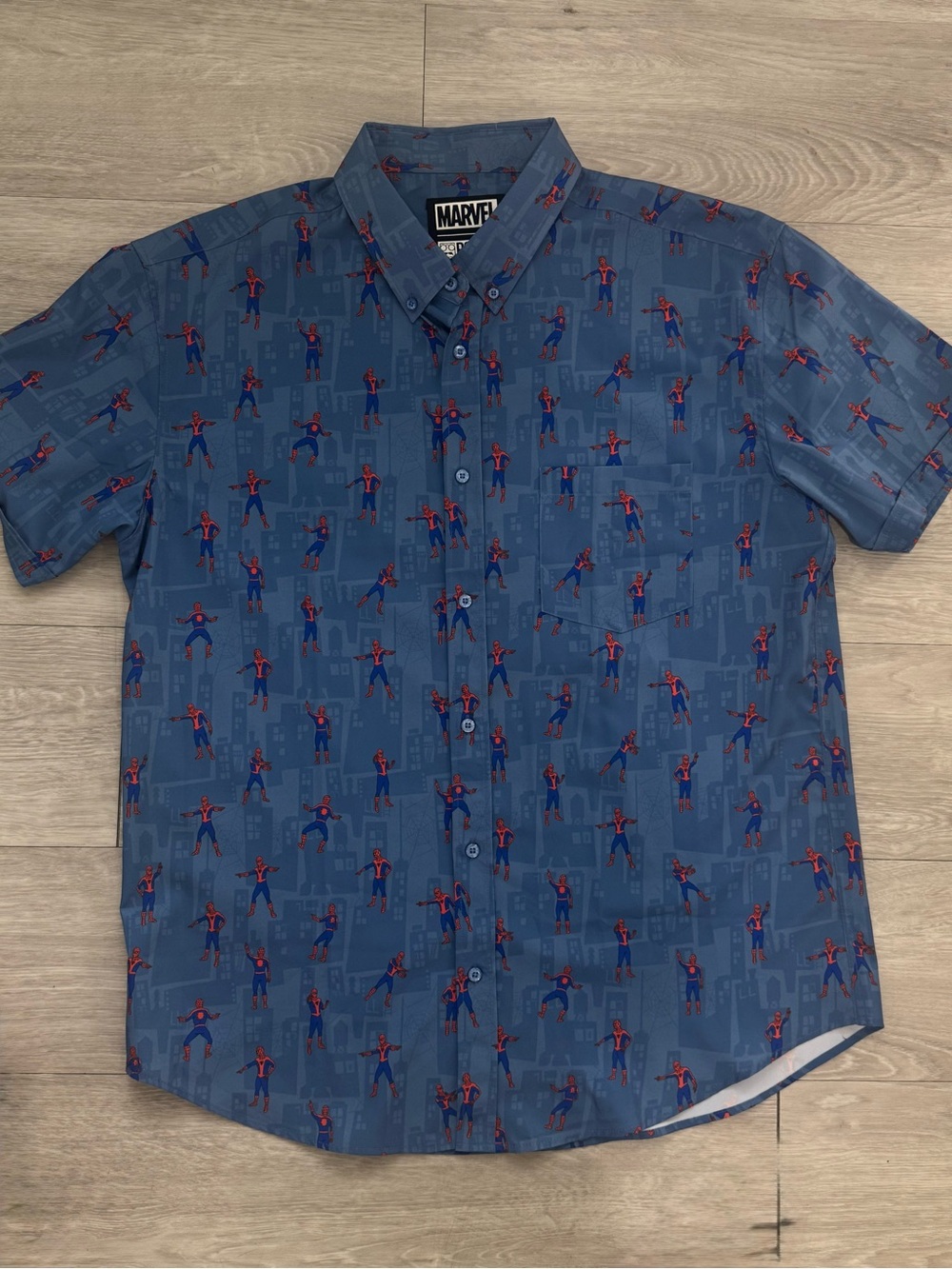Marvel Short Sleeve Spider-Man Allover Print Button-Down Shirt - Blue & Red